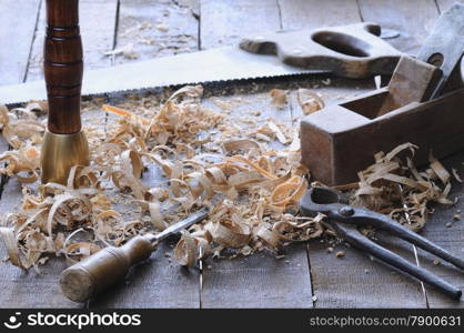 Carpenter tools on a work bench carpentry.