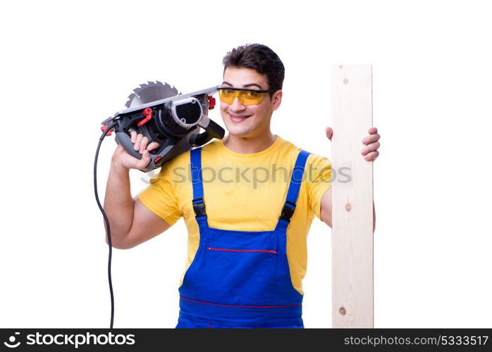 Carpenter wearing coveralls with circular saw isolated on white