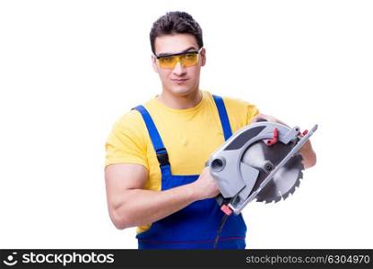 Carpenter wearing coveralls with circular saw isolated on white