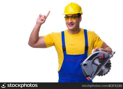 Carpenter wearing coveralls with circular saw isolated on white