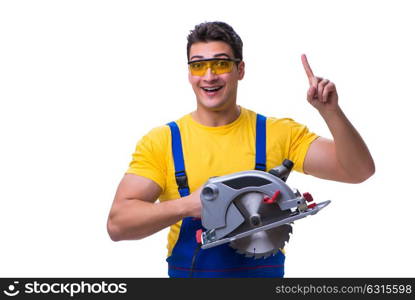 Carpenter wearing coveralls with circular saw isolated on white