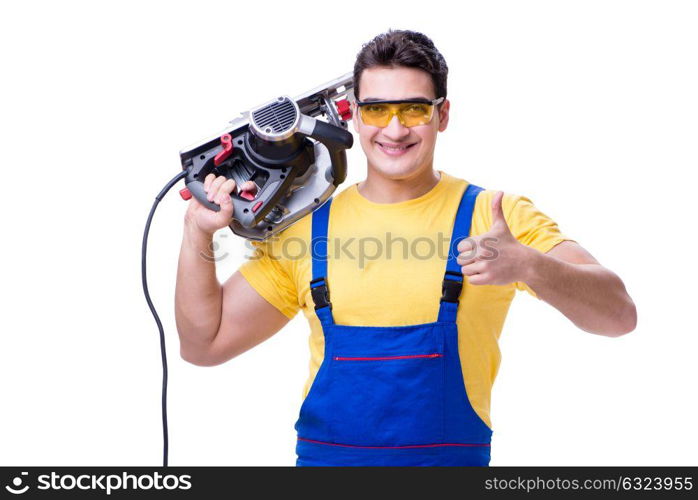 Carpenter wearing coveralls with circular saw isolated on white