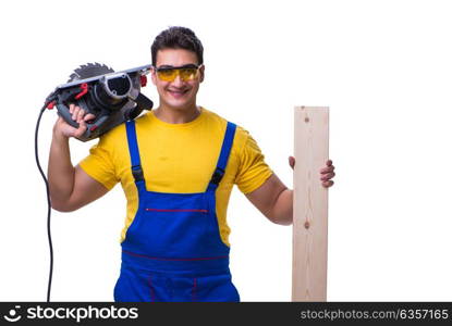 Carpenter wearing coveralls with circular saw isolated on white