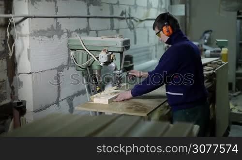 Carpenter wearing protective goggles and earmuffs boring holes in wooden board using vertical drilling machine. Drilling piece of wood with electric milling cutter in carpentry.
