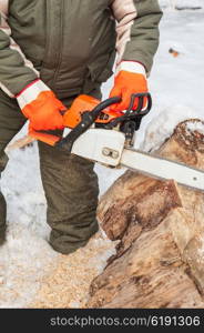 Carpenter working at sawmill, closeup photo