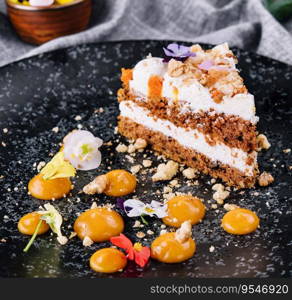 Carrot cake with walnuts on black plate