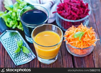 carrot juice and beet juice in the glasses