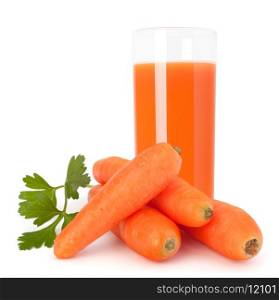 Carrot juice glass and carrot tubers isolated on white background