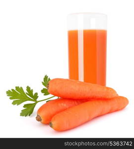 Carrot juice glass and carrot tubers isolated on white background