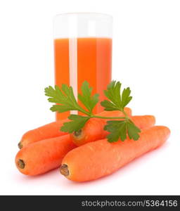 Carrot juice glass and carrot tubers isolated on white background