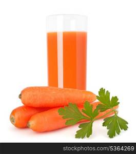 Carrot juice glass and carrot tubers isolated on white background