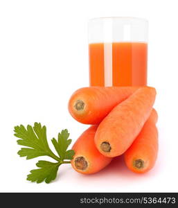 Carrot juice glass and carrot tubers isolated on white background