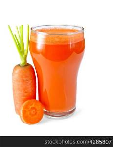 Carrot juice in a tall glass, carrots isolated on white background