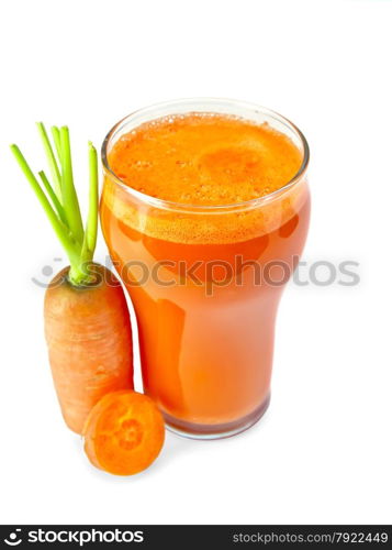 Carrot juice in a tall glass with carrot isolated on white background