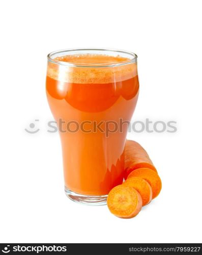 Carrot juice in a tall glass with slices of carrots isolated on white background. Juice carrot in tall glassful