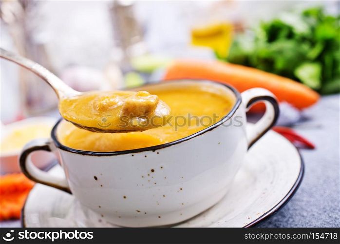 carrot soup in bowl, diet food, fresh soup