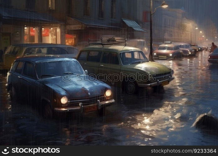 Cars city flood nature. Wave river speed. Generate Ai. Cars city flood nature. Generate Ai