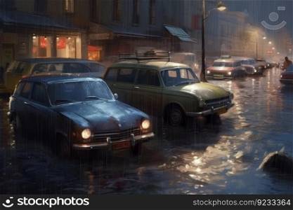 Cars city flood nature. Wave river speed. Generate Ai. Cars city flood nature. Generate Ai