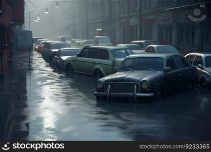 Cars city flood. Street road rain. Generate Ai. Cars city flood. Generate Ai