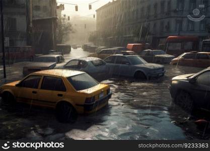 Cars city flood with sun. Wave speed traffic. Generate Ai. Cars city flood with sun. Generate Ai