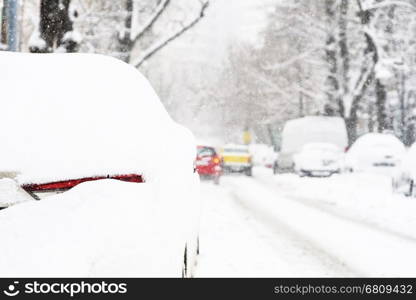 Cars Covered With Fresh White Snow After A Heavy Blizzard In Bucharest City