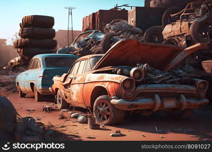 Cars graveyard, Pile of crushed and deformed cars waiting to be recycled in an old cars graveyard. Neural network AI generated art. Cars graveyard, Pile of crushed and deformed cars waiting to be recycled in an old cars graveyard. Neural network AI generated