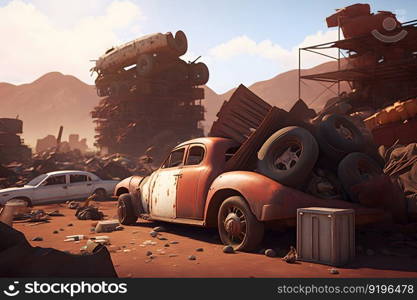 Cars graveyard, Pile of crushed and deformed cars waiting to be recycled in an old cars graveyard. Neural network AI generated art. Cars graveyard, Pile of crushed and deformed cars waiting to be recycled in an old cars graveyard. Neural network AI generated