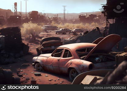 Cars graveyard, Pile of crushed and deformed cars waiting to be recycled in an old cars graveyard. Neural network AI generated art. Cars graveyard, Pile of crushed and deformed cars waiting to be recycled in an old cars graveyard. Neural network AI generated