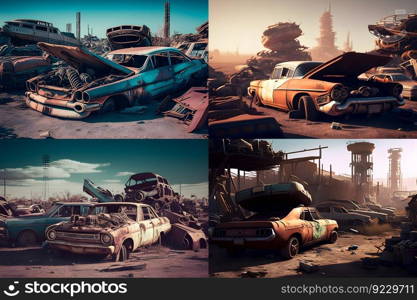 Cars graveyard, Pile of crushed and deformed cars waiting to be recycled in an old cars graveyard. Neural network AI generated art. Cars graveyard, Pile of crushed and deformed cars waiting to be recycled in an old cars graveyard. Neural network AI generated