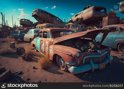 Cars graveyard, Pile of crushed and deformed cars waiting to be recycled in an old cars graveyard. Neural network AI generated art. Cars graveyard, Pile of crushed and deformed cars waiting to be recycled in an old cars graveyard. Neural network AI generated