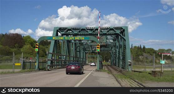 Cars moving on bridge, Port Hastings, Cape Breton Island, Nova Scotia, Canada
