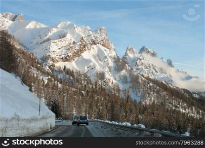 Cars on the Passo Rolle, in the Dolomites region of Northern Italy