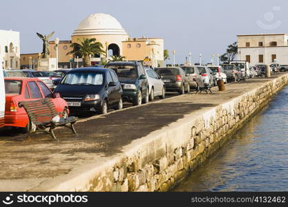 Cars parked at the roadside, Rhodes, Dodecanese Islands, Greece