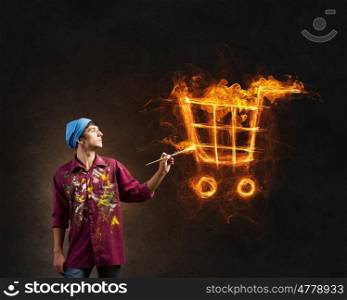 Cart fire icon. Guy drawing glowing fire cart sign on dark background