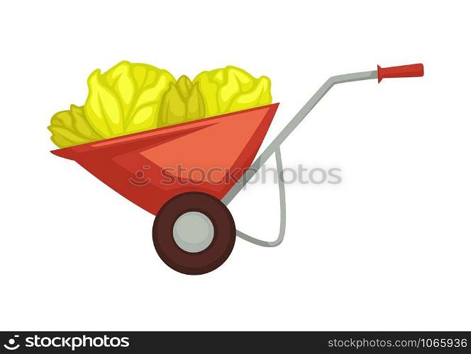 Cart of farmer with harvest products organic vegetables placed on wheelbarrow for transportation and preserving. Metal carriage for aubergine, tomatoes and peppers isolated on vector illustration. Cart of farmer with harvest products organic vegetables placed on wheelbarrow for transportation and preserving.