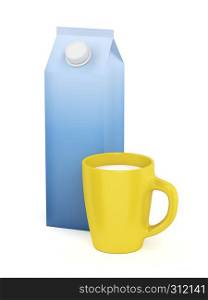Carton of milk and yellow cup of milk on white background