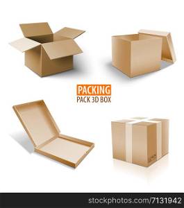 Carton packaging box. Brown delivery set of different sized packages with postal signs of fragile vector illustration.. Carton packaging 3d box. Brown delivery set of different sized packages with postal signs of fragile. Set of closed and open cardboard boxes on white background.