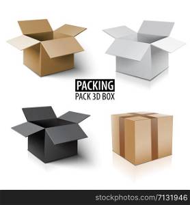Carton packaging box. Brown delivery set of different sized packages with postal signs of fragile vector illustration.. Carton packaging 3d box. Delivery set of different sized packages with postal signs of fragile. Set of closed and open cardboard boxes on white background.