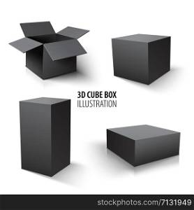 Carton packaging box. vector illustration. Carton packaging 3d black box and cube set. Set of open cardboard boxes and cube on white background.