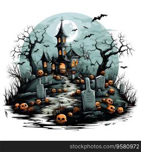 Cartoon a beautiful whimsical graveyard. Clipart of the graveyard on isolated white background. Halloween Concept. Generative Ai.