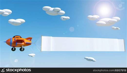 Cartoon airplane flying with empty advertising banner under blue sky, 3D rendering