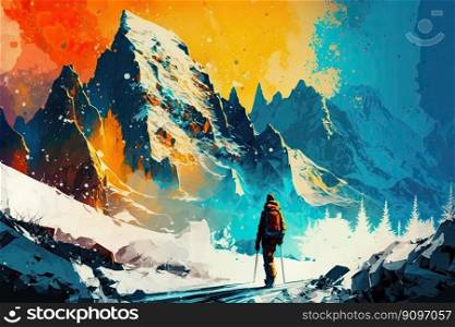 Cartoon backpacker winter hiking at mountain landscape panorama. Generative AI