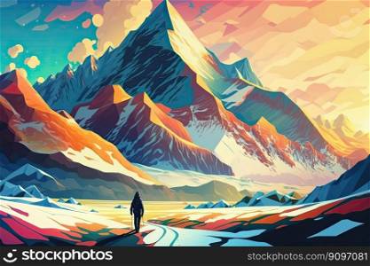Cartoon backpacker winter hiking at mountain landscape panorama. Generative AI