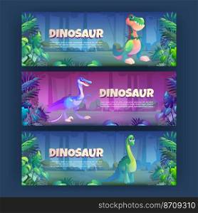 Cartoon banners with dinosaurs brontosaurus, tyrannosaurus rex and triceratops prehistoric animals in jungle rainforest. Invitation flyers to Jurassic era park with ancient dino, Vector illustration. Cartoon banners with dinosaurs, invitation flyers