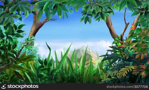 Cartoon Bengal Tiger Walks Through the Jungle in a Summer Day. Handmade animation, motion graphic.