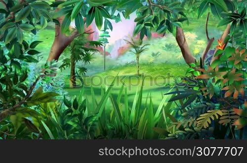Cartoon Bengal Tiger Walks Through the Jungle in a Summer Day. Handmade animation, motion graphic.