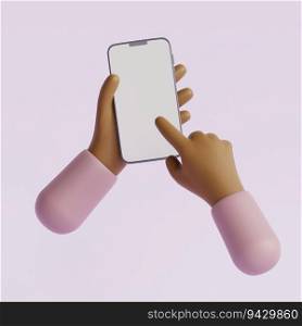 Cartoon black hands touch smartphone screen with finger. Mockup of mobile phone with blank display. 3d render illustration