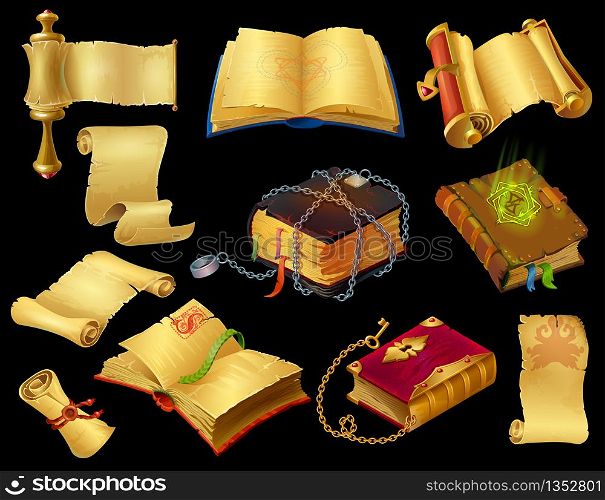 Cartoon books and scrolls. Game UI icons of ancient medieval papyrus and fantasy magic spell. Vector mobile and computer game set objects on white background. Cartoon books and scrolls. Game UI icons of ancient medieval papyrus and fantasy magic spell. Vector mobile and computer game set