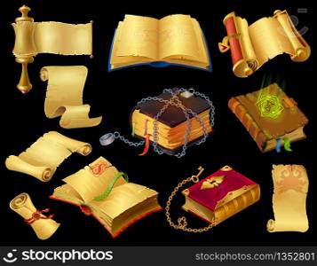 Cartoon books and scrolls. Game UI icons of ancient medieval papyrus and fantasy magic spell. Vector mobile and computer game set objects on white background. Cartoon books and scrolls. Game UI icons of ancient medieval papyrus and fantasy magic spell. Vector mobile and computer game set