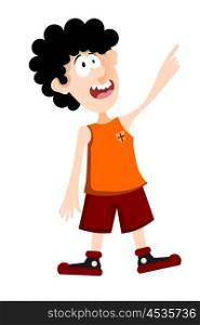 Cartoon boy on a white background. Color image surprised boy in a shirt and shorts, showing the hand. Little surprise athlete. Stock vector illustration